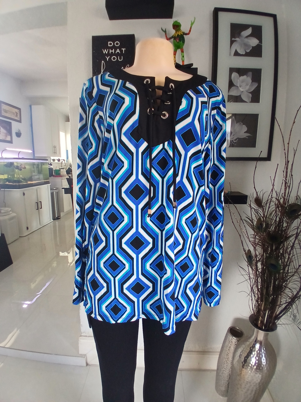 Michael Kors Blue Geometric Lace-Up Long Sleeve Top - Picture 9 of 9
